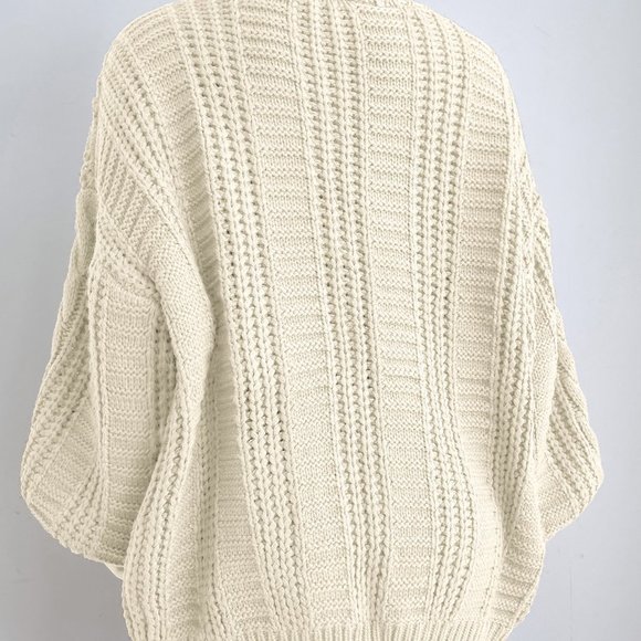 Beige Casual Womens Solid Button Front Cable Knit Cardigan - Picture 2 of 5